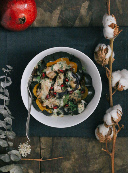 Segue into winter with this easy-to-make Roasted Squash, Lentil, and Chicken Bowl with Cilantro Tahini Dressing.