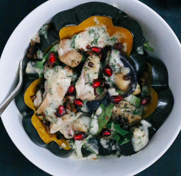 Segue into winter with this easy-to-make Roasted Squash, Lentil, and Chicken Bowl with Cilantro Tahini Dressing.