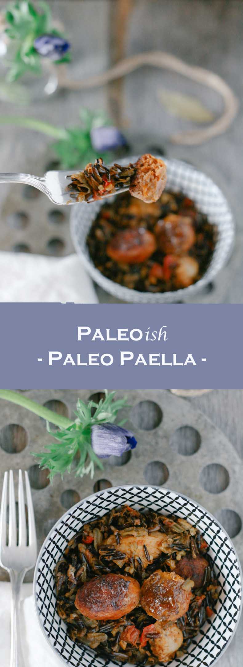 Delicious and easy-to-make Paleo Paella! Made with wild rice, chorizo, and saffron, this aromatic dish is sure to please!