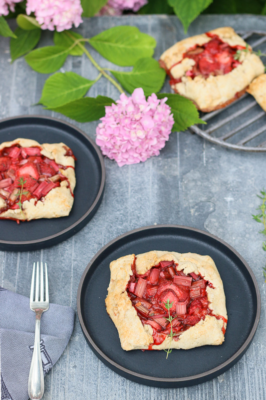 Fresh off-the-farm strawberries, and garden-fresh rhubarb and thyme wrapped in a Paleo-ish pâte brisée-ish crust!  The perfect dessert to end the perfect summer night!