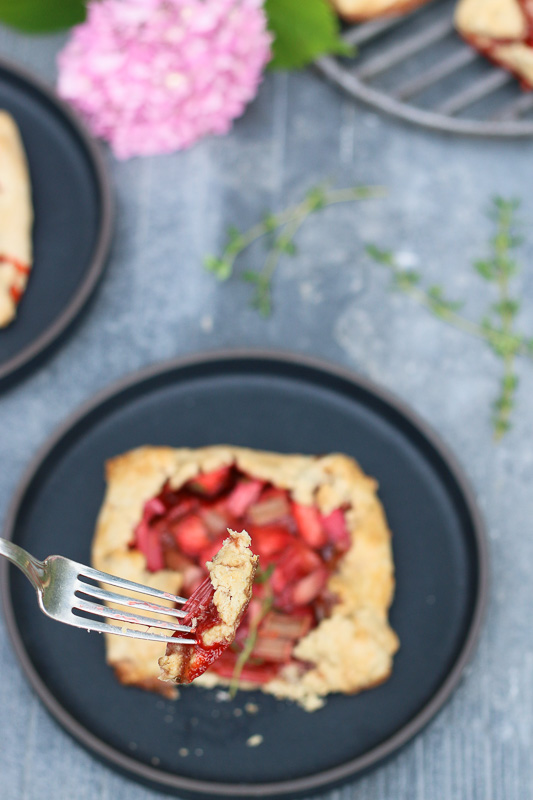 Fresh off-the-farm strawberries, and garden-fresh rhubarb and thyme wrapped in a Paleo-ish pâte brisée-ish crust!  The perfect dessert to end the perfect summer night!